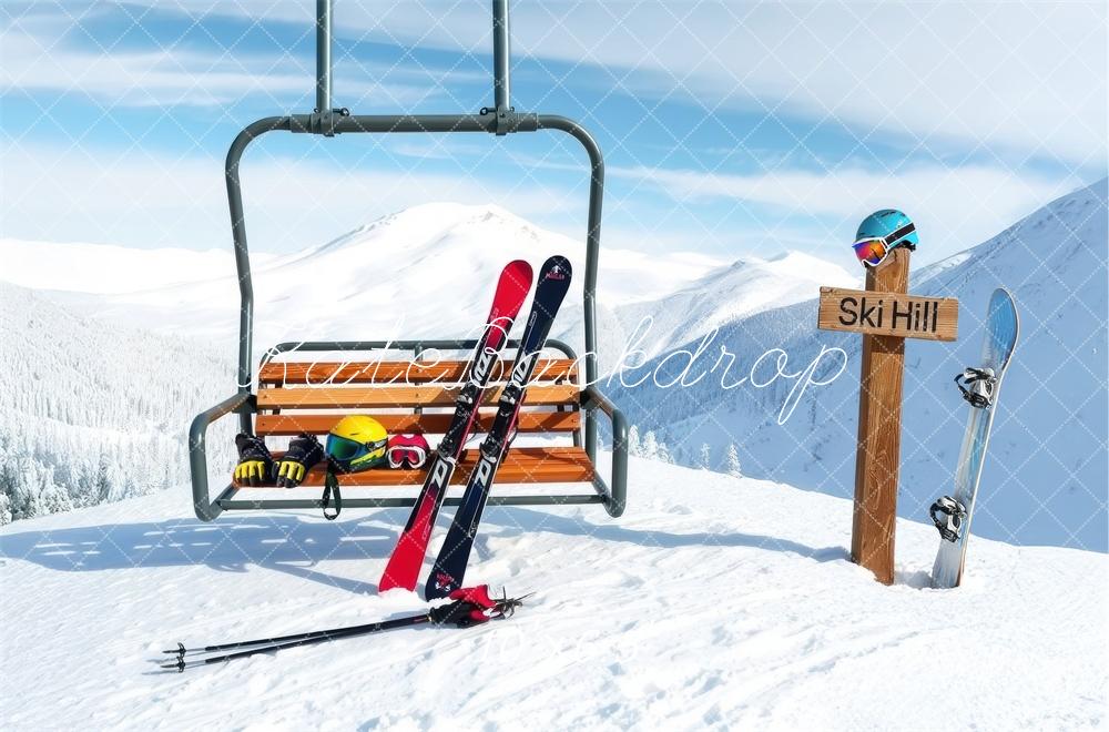 Kate Ski Hill Chairlift Skis Snowy Mountains Backdrop Designed by Laura Bybee - Kate Backdrop AU