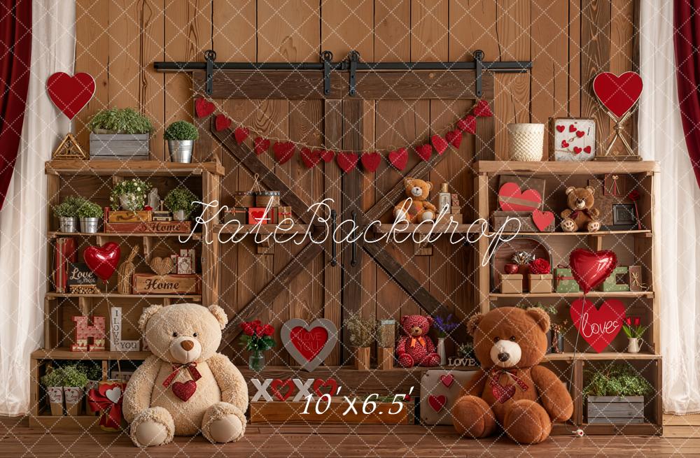 Kate Valentine Teddy Bears Wooden Shelves Hearts Fleece Backdrop Designed by Emetselch
