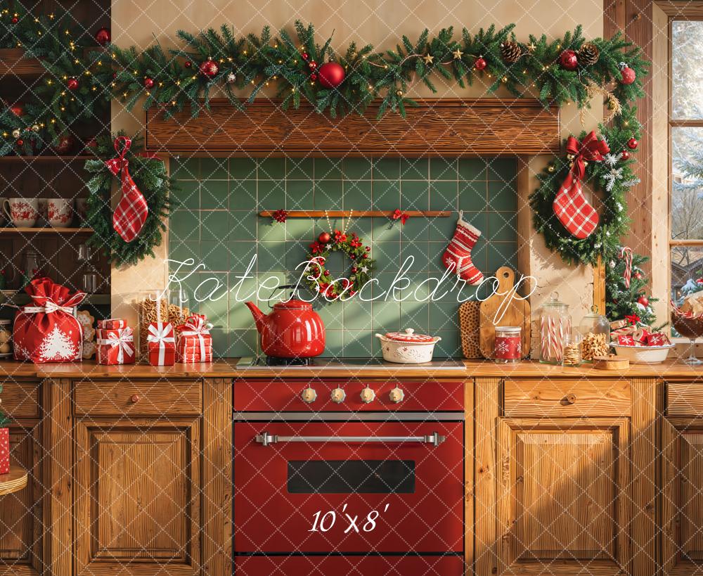 Kate Christmas Kitchen Garland Decorations Fleece Backdrop Designed by Emetselch - Kate Backdrop AU