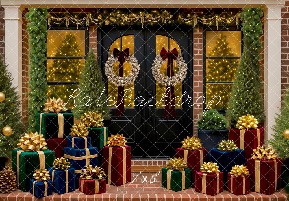 Kate Christmas Front Door Presents Trees Backdrop Designed by Mini MakeBelieve - Kate Backdrop AU
