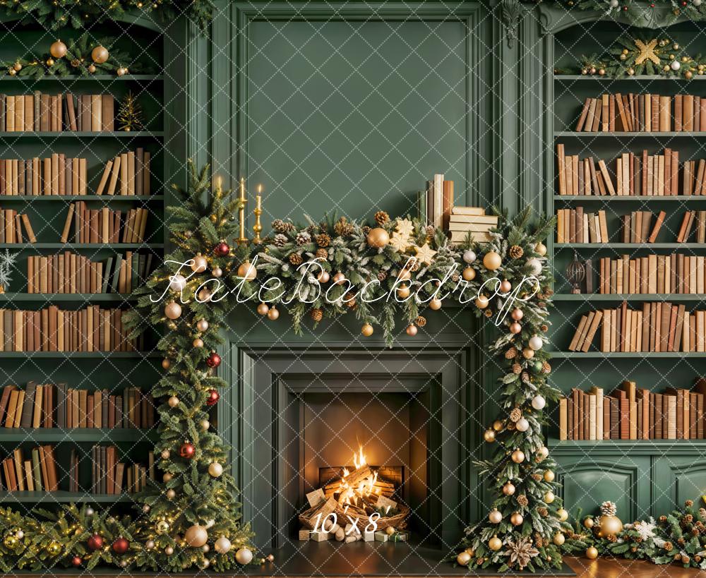 Kate Christmas Fireplace Bookshelves Fleece Backdrop Designed by Emetselch - Kate Backdrop AU