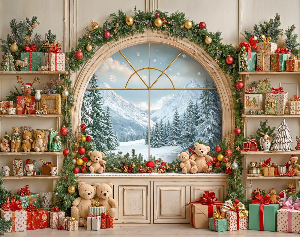 Kate Christmas Window Gifts Teddy Bears Fleece Backdrop Designed by GQ - Kate Backdrop AU