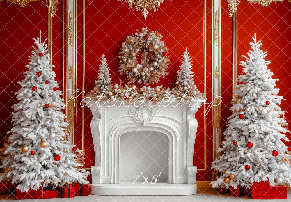 Kate Christmas White Trees Fireplace Backdrop Designed by Patty Roberts - Kate Backdrop AU