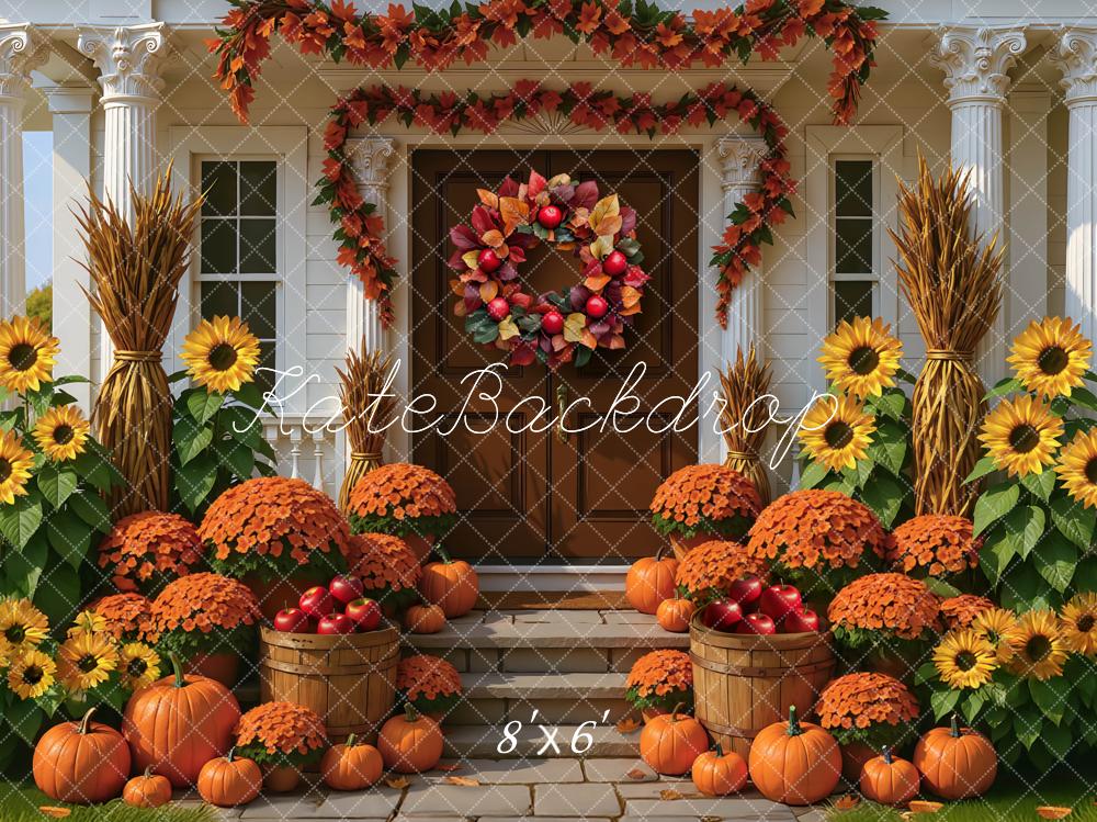 Kate Fall Porch Sunflowers Pumpkins Backdrop Designed by Mini MakeBelieve - Kate Backdrop AU