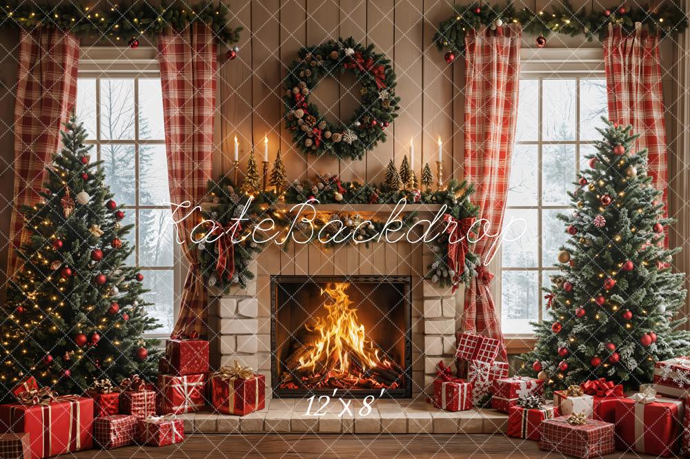 Kate Christmas Fireplace Window Fleece Backdrop Designed by Emetselch - Kate Backdrop AU