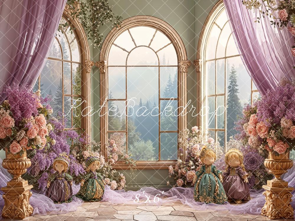 Kate Vintage Windows Floral Curtains Dolls Fleece Backdrop Designed by Emetselch