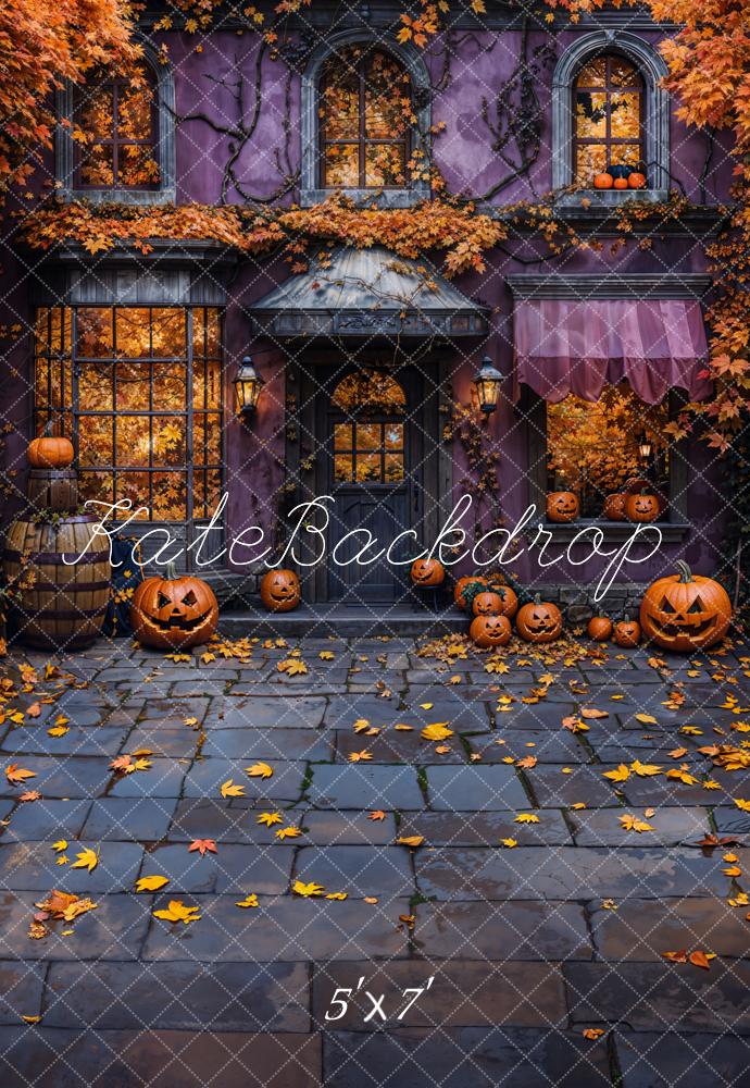 Kate Halloween Pumpkins Autumn Leaves Cobblestone Backdrop Designed by Chain - Kate Backdrop AU