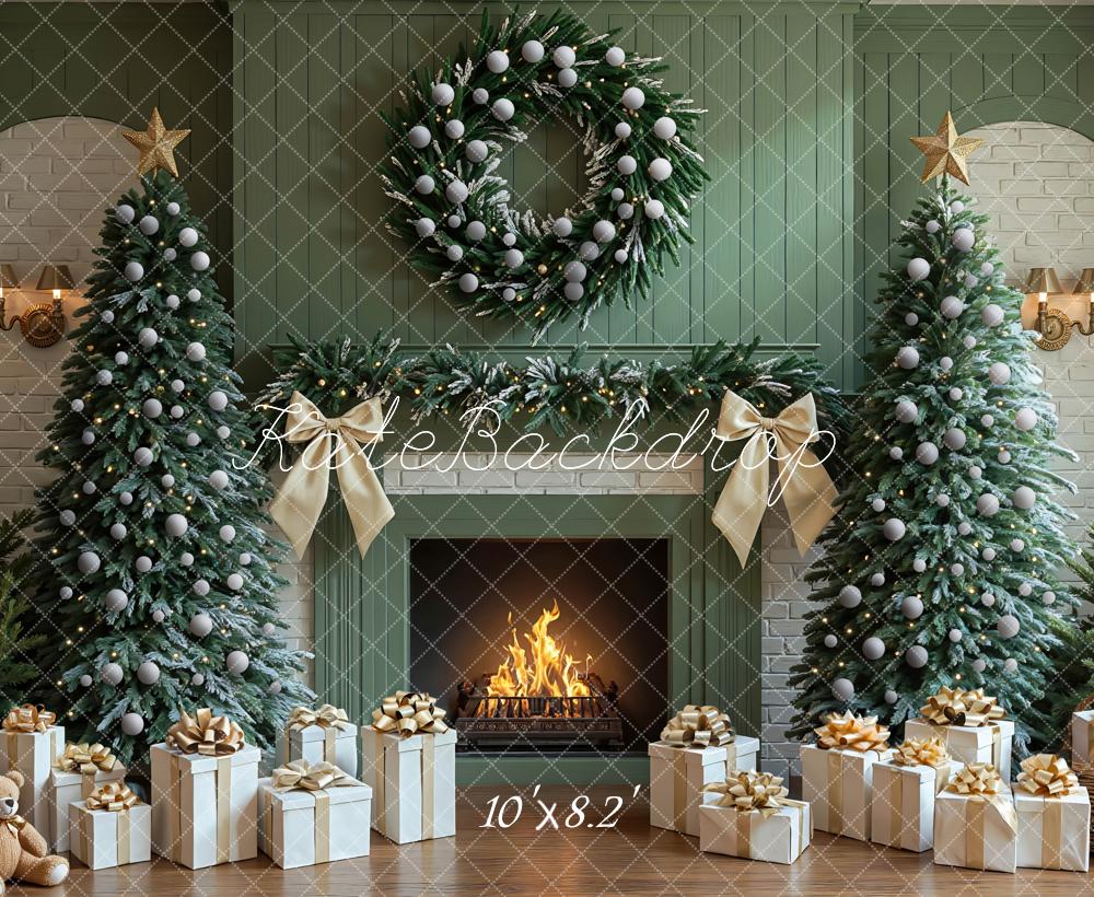 Kate Green Christmas Fireplace Trees Gifts Green Backdrop Designed by Mini MakeBelieve