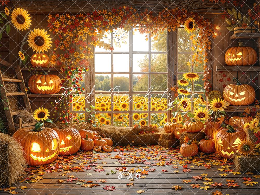 Kate Halloween Pumpkins Sunflowers Autumn Fleece Backdrop Designed by Chain