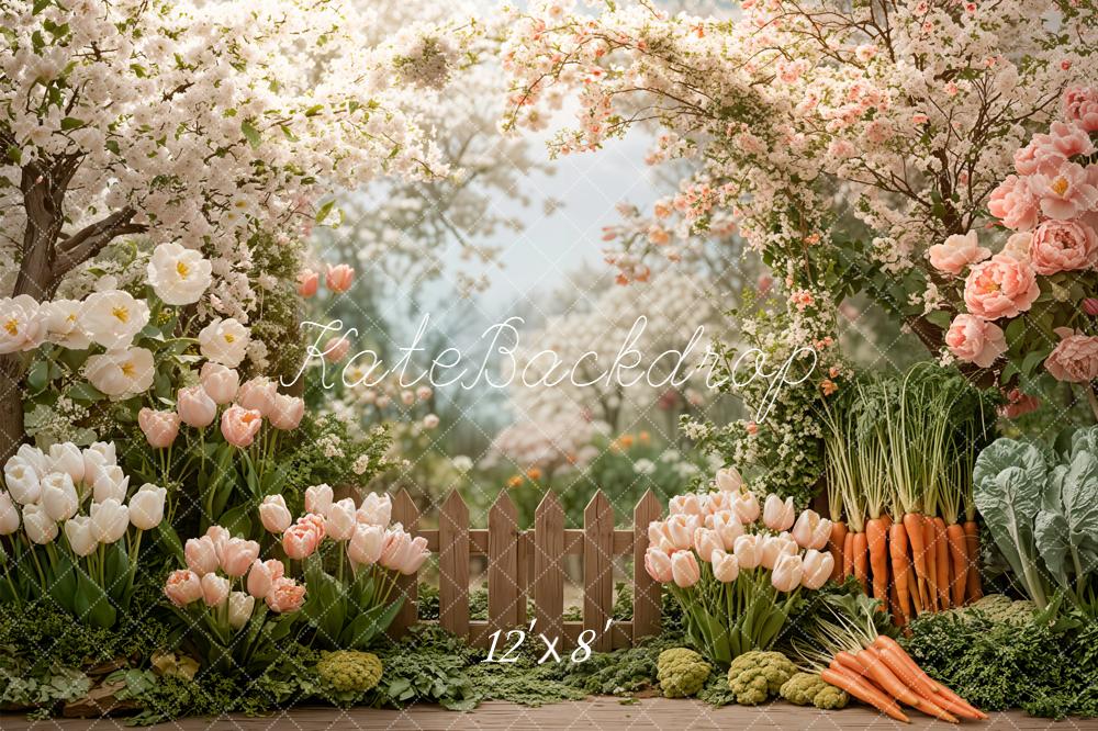 Kate Spring Garden Flowers Carrots Fence Fleece Backdrop Designed by Emetselch