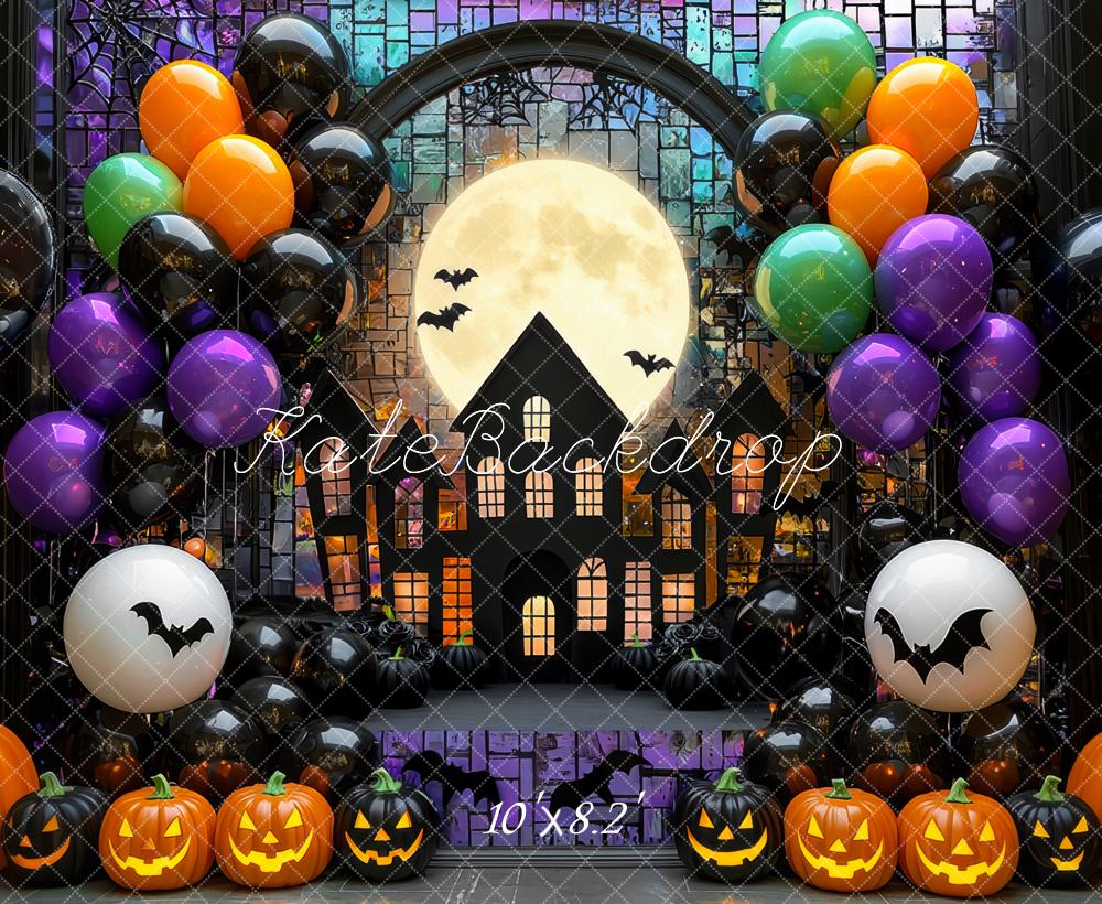 Kate Halloween House Balloons Pumpkins Backdrop Designed by Mini MakeBelieve - Kate Backdrop AU