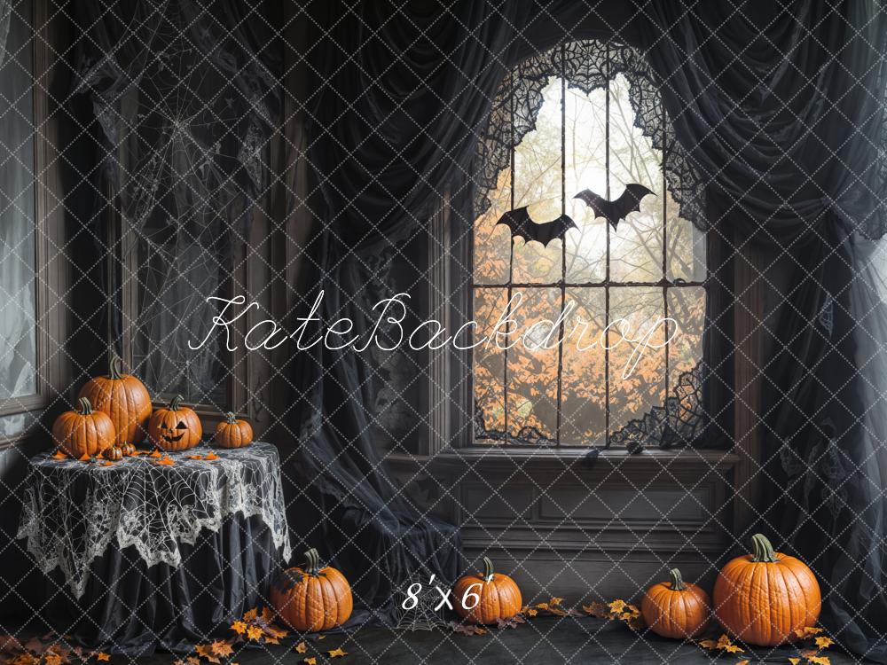 Kate Halloween Pumpkins Bats Spiderweb Fleece Backdrop Designed by Emetselch