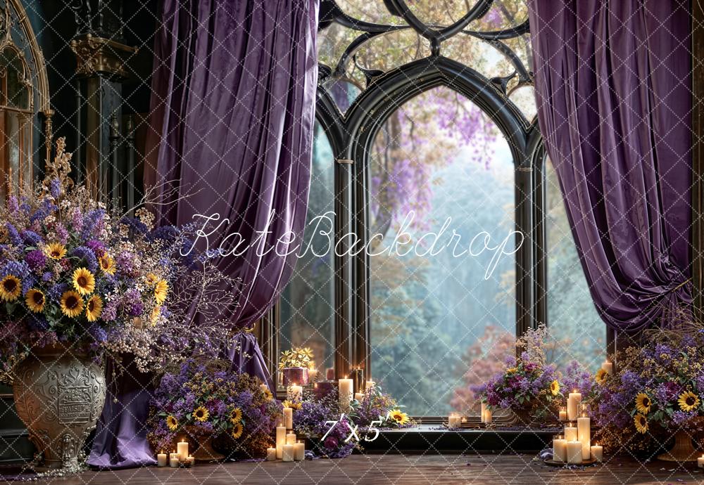 Kate Gothic Window Purple Flowers Candles Backdrop Designed by Emetselch