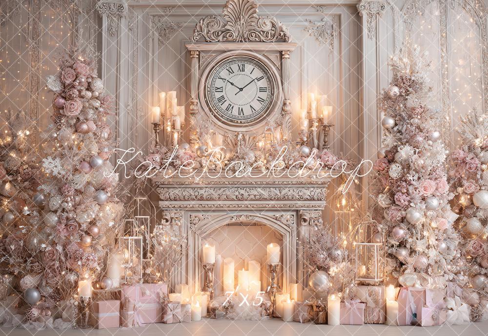 Kate Christmas Pink Trees Fireplace Clock Backdrop Designed by Ashley Paul