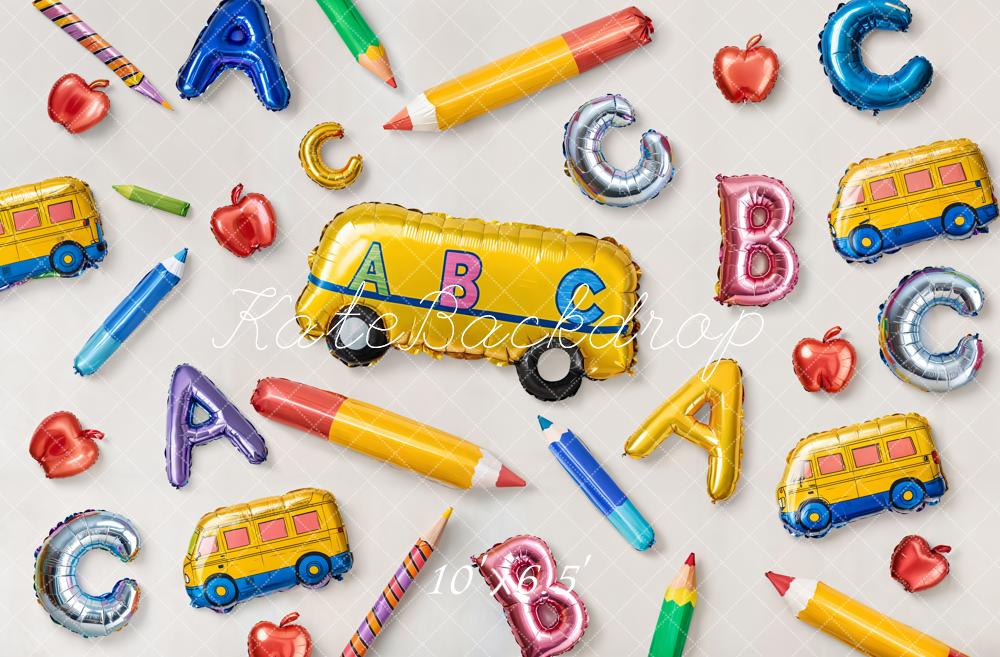 Kate Back to School Bus Balloons Pencils Apples Backdrop Designed by Emetselch