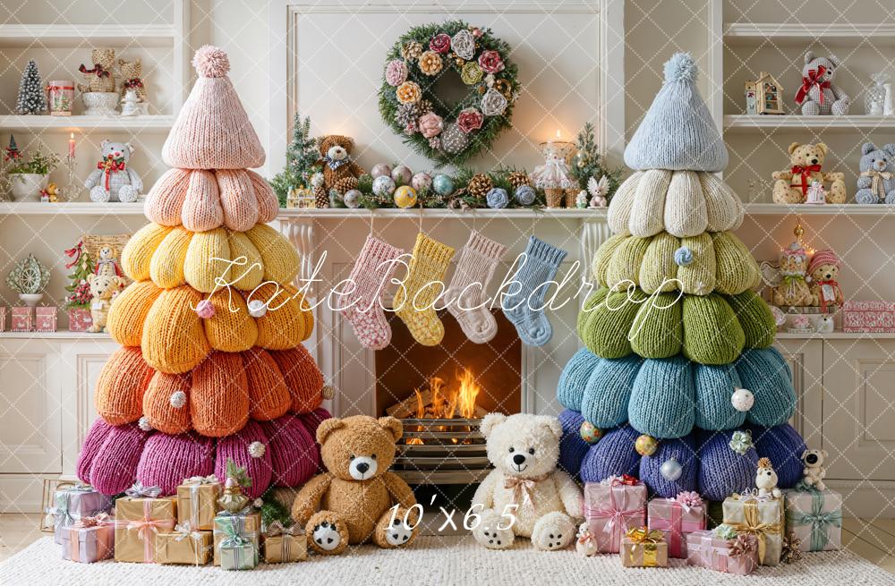 Kate Christmas Backdrop Knitted Trees Teddy Bears Presents Fleece Designed by Emetselch - Kate Backdrop AU