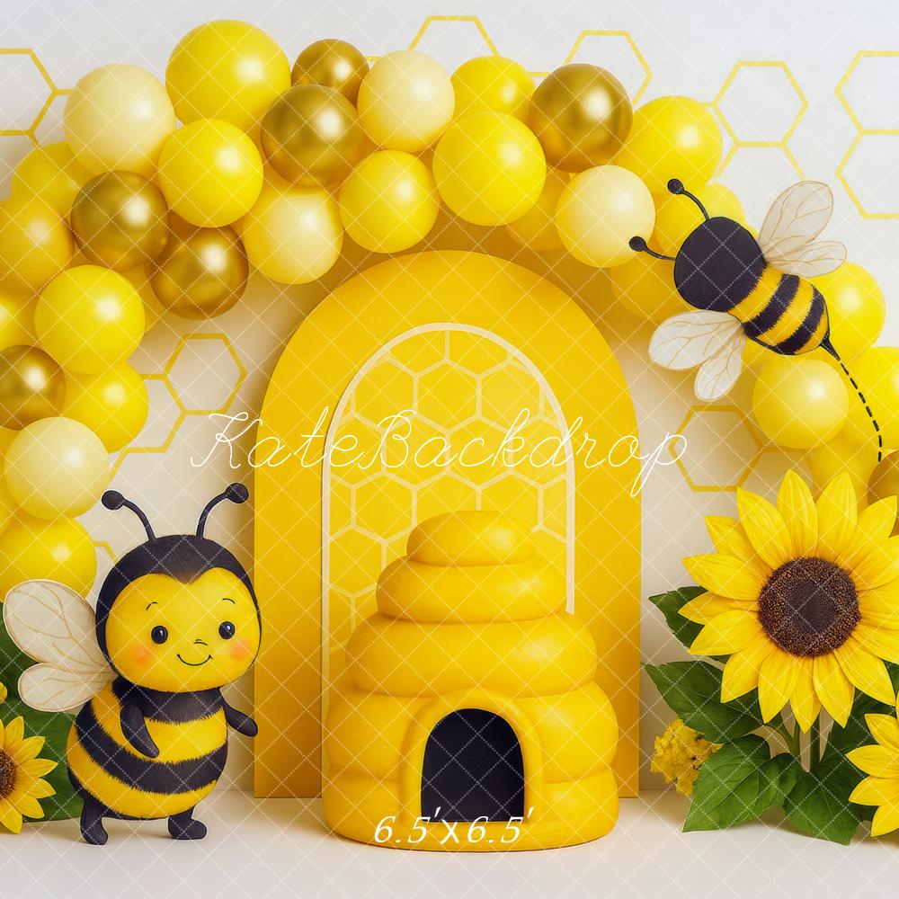 Kate Bee Hive Sunflowers Balloons Cake Smash Backdrop Designed by Mini MakeBelieve