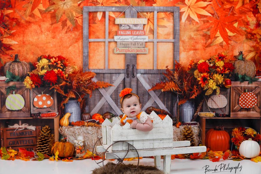 Kate Autumn Leaves with Pumpkins Thanksgiving Backdrop