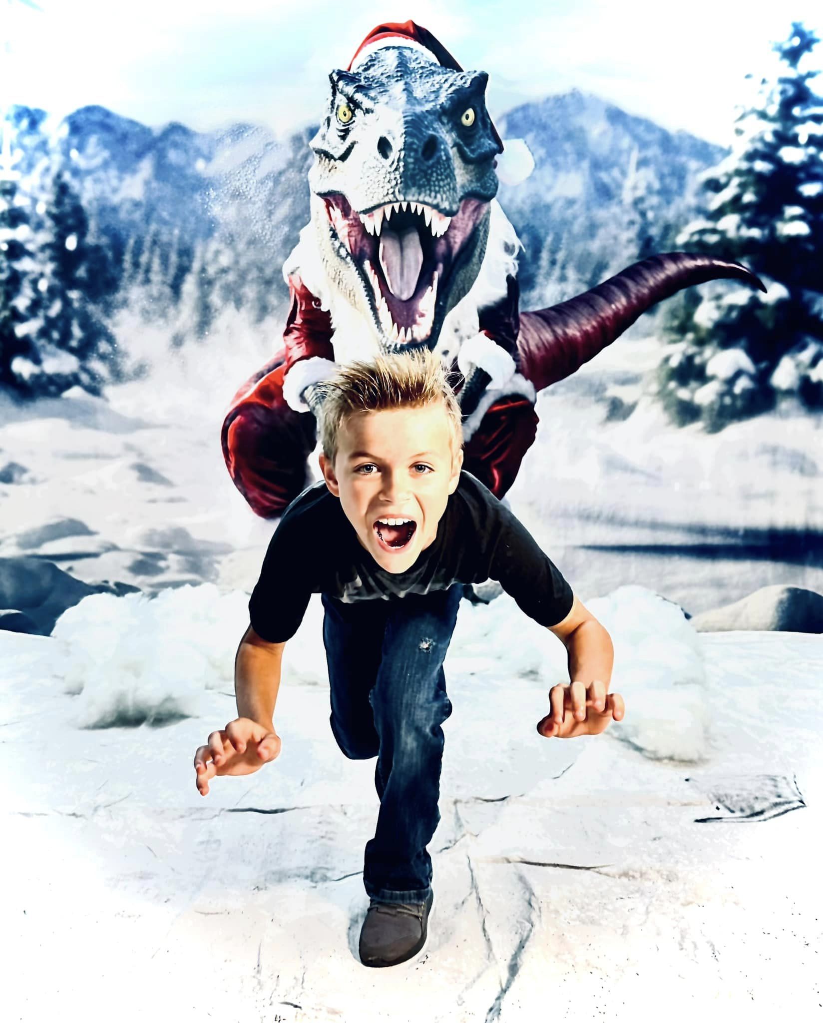 Kate Sweep Santa T-Rex Winter Christmas Humor Backdrop Designed by Mini Makebelieve