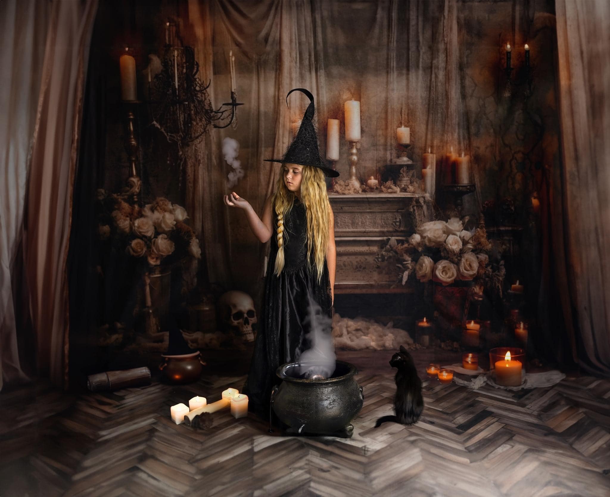 Kate Halloween Skull Candle Backdrop+Brown Wood Floor Backdrop for Photography