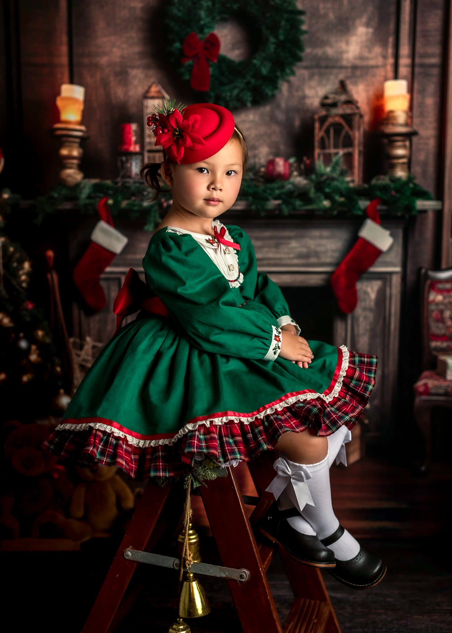 Kate Christmas Tree Fireplace Backdrop+Dark Wood Barn Rubber Floor Mat - Kate Backdrop AU