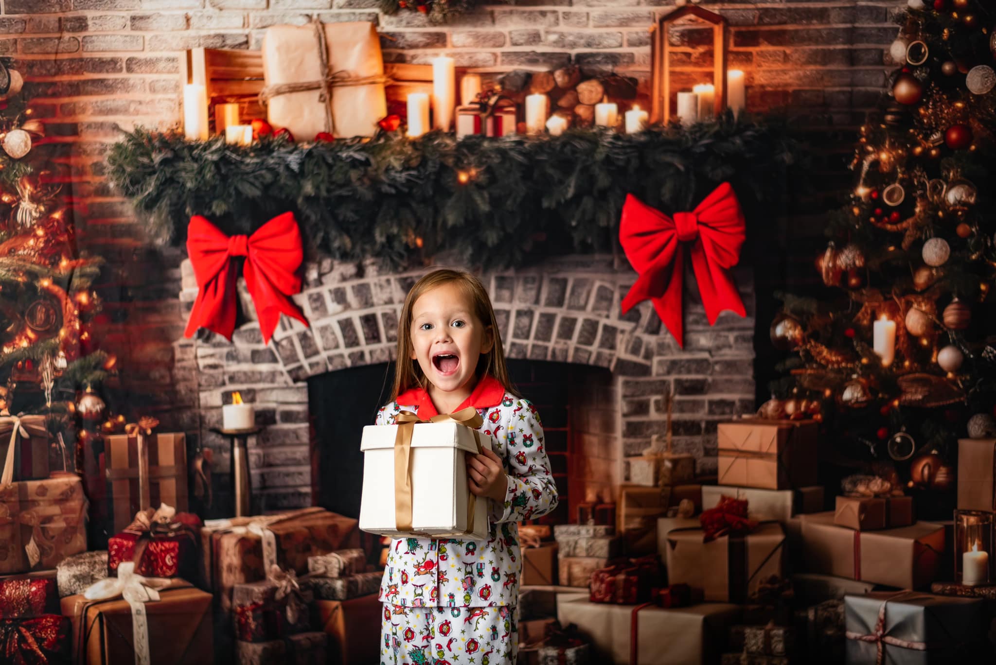 Kate Rustic Brick Fireplace Trees Backdrop Winter Christmas Designed by Mini MakeBelieve