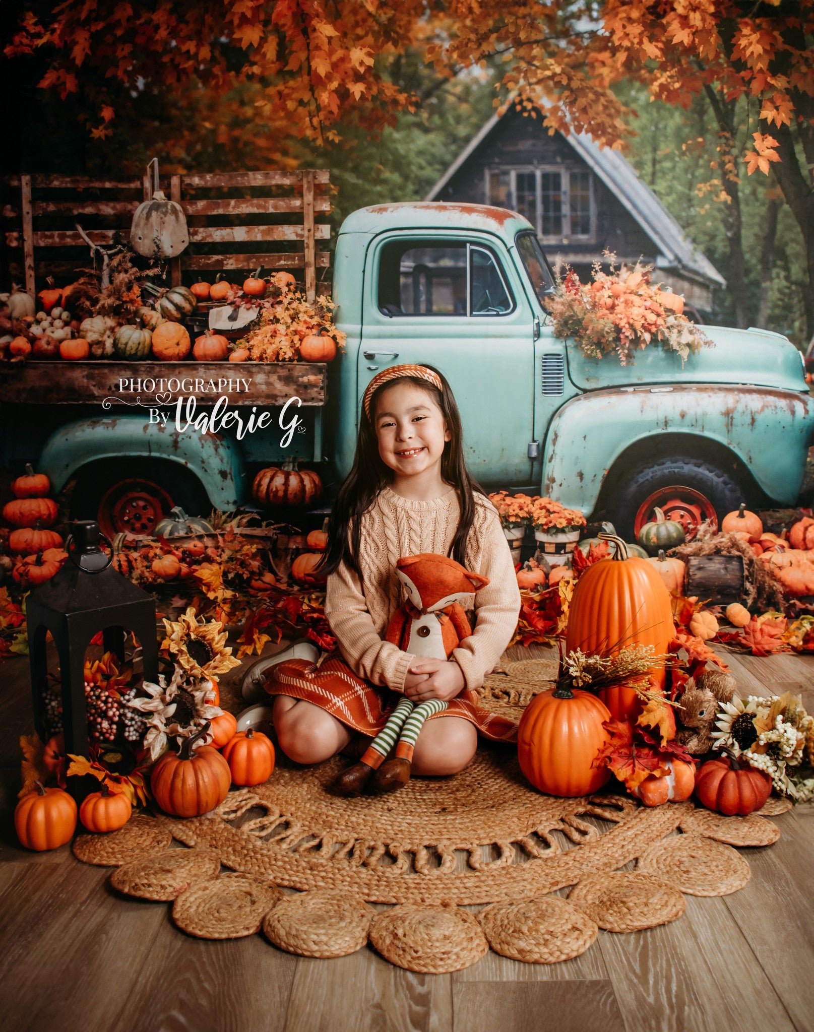 Kate Autumn Truck Backdrop Golden Leaves Old House Designed by Chain Photography
