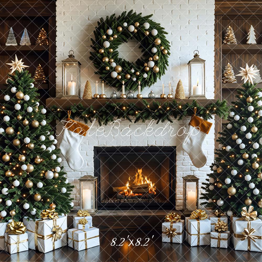 Kate Fireplace Wreath Christmas Trees Backdrop Designed by Mini MakeBelieve