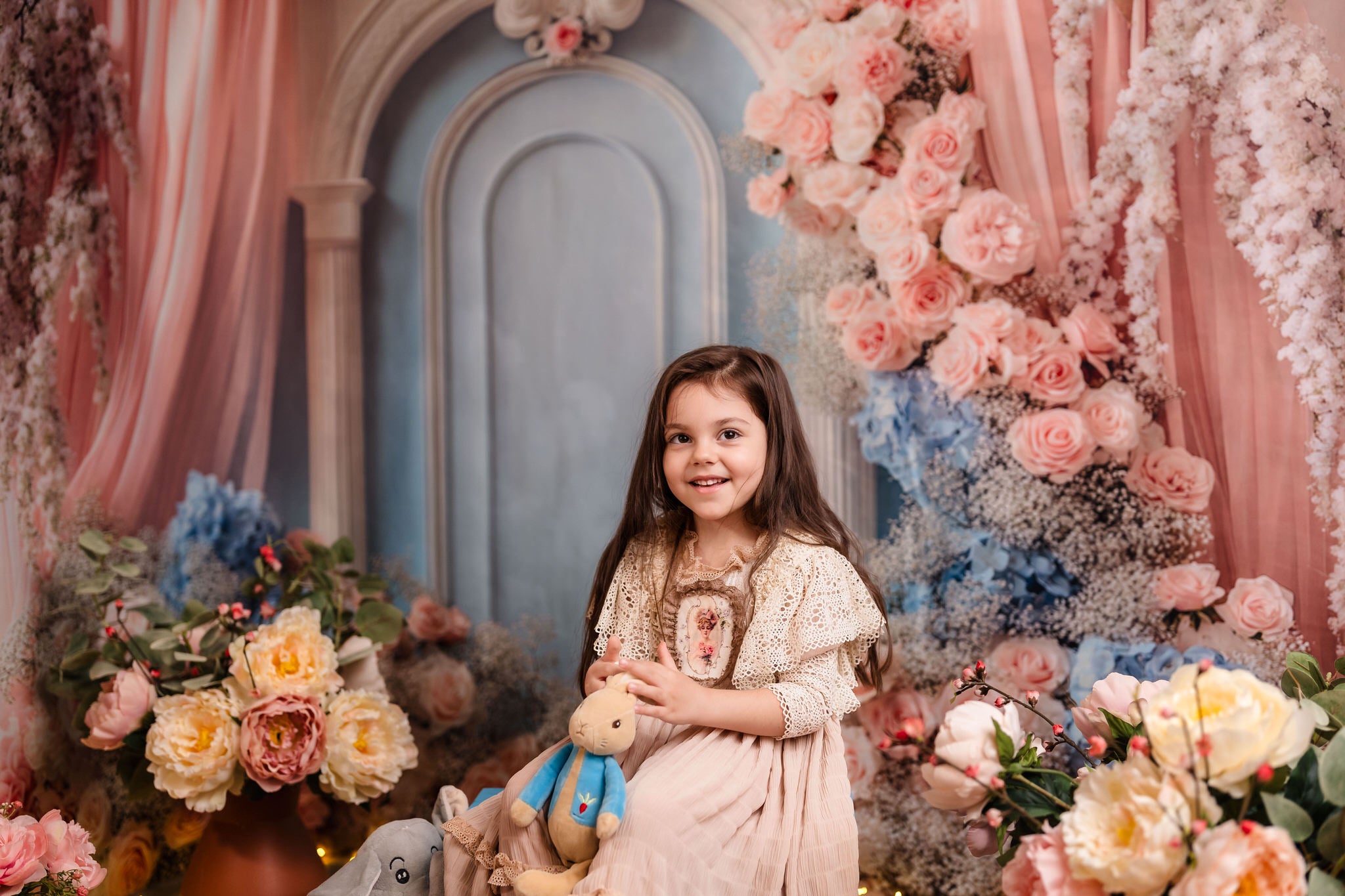 Kate Dreamy Floral Arch Pink Blue Backdrop Designed by Mini MakeBelieve