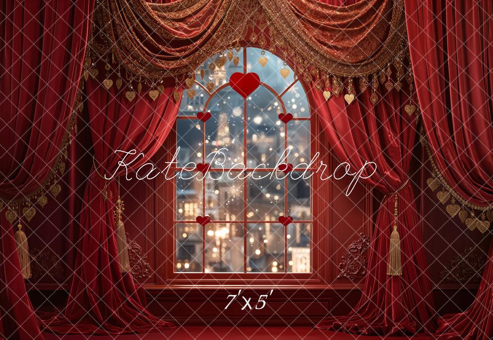 Kate Valentine Red Curtains Heart Window Backdrop Designed by Emetselch