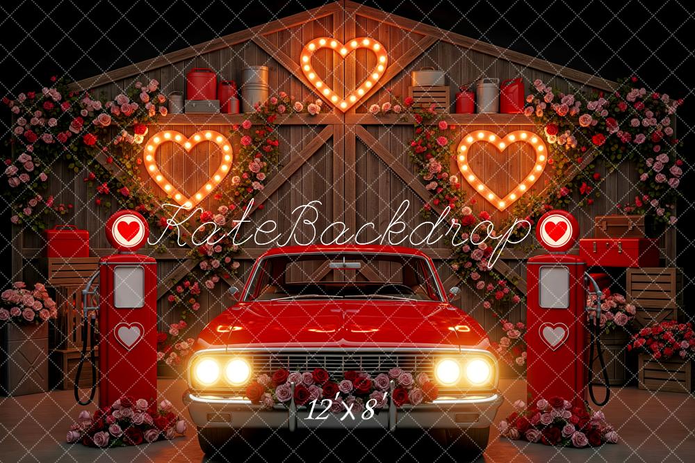 Kate Valentine Red Car Petrol Pumps Lighted Hearts Backdrop Designed by Patty Roberts