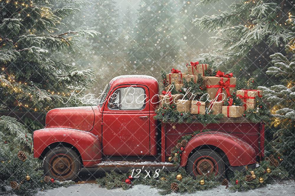 Kate Christmas Truck Presents Pine Trees Fleece Backdrop Designed by Emetselch - Kate Backdrop AU