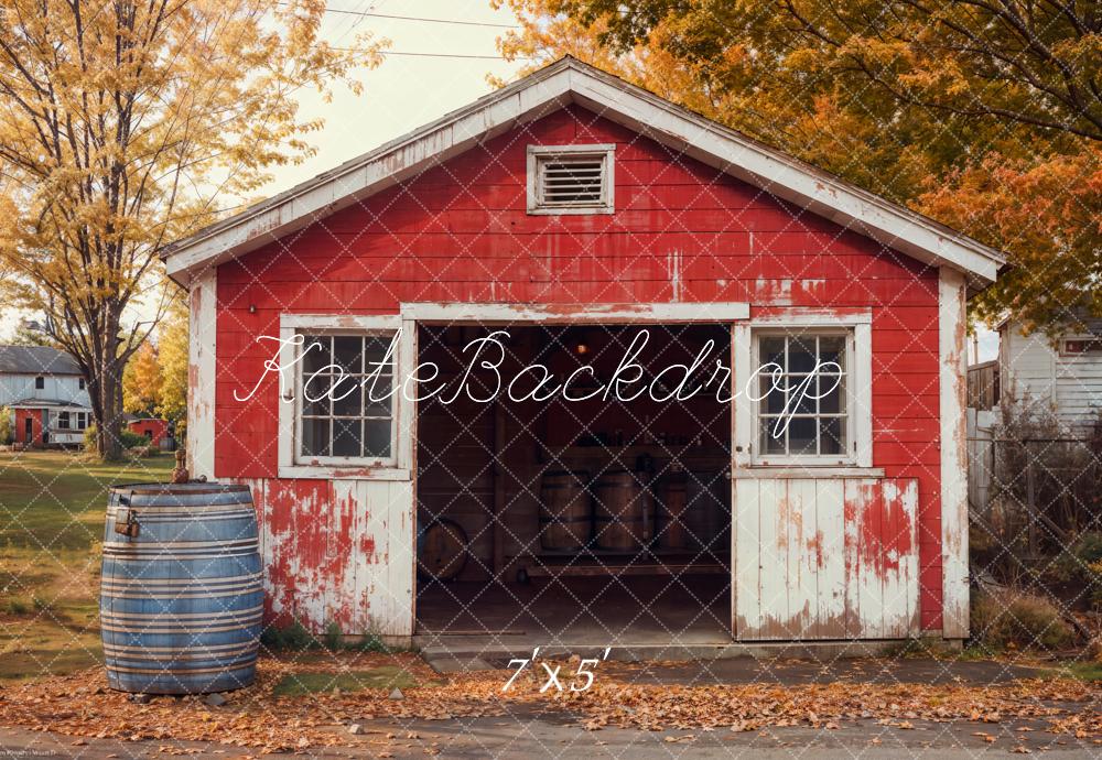Kate Autumn Red Shed Weathered Barrel Backdrop Designed by Emetselch - Kate Backdrop AU