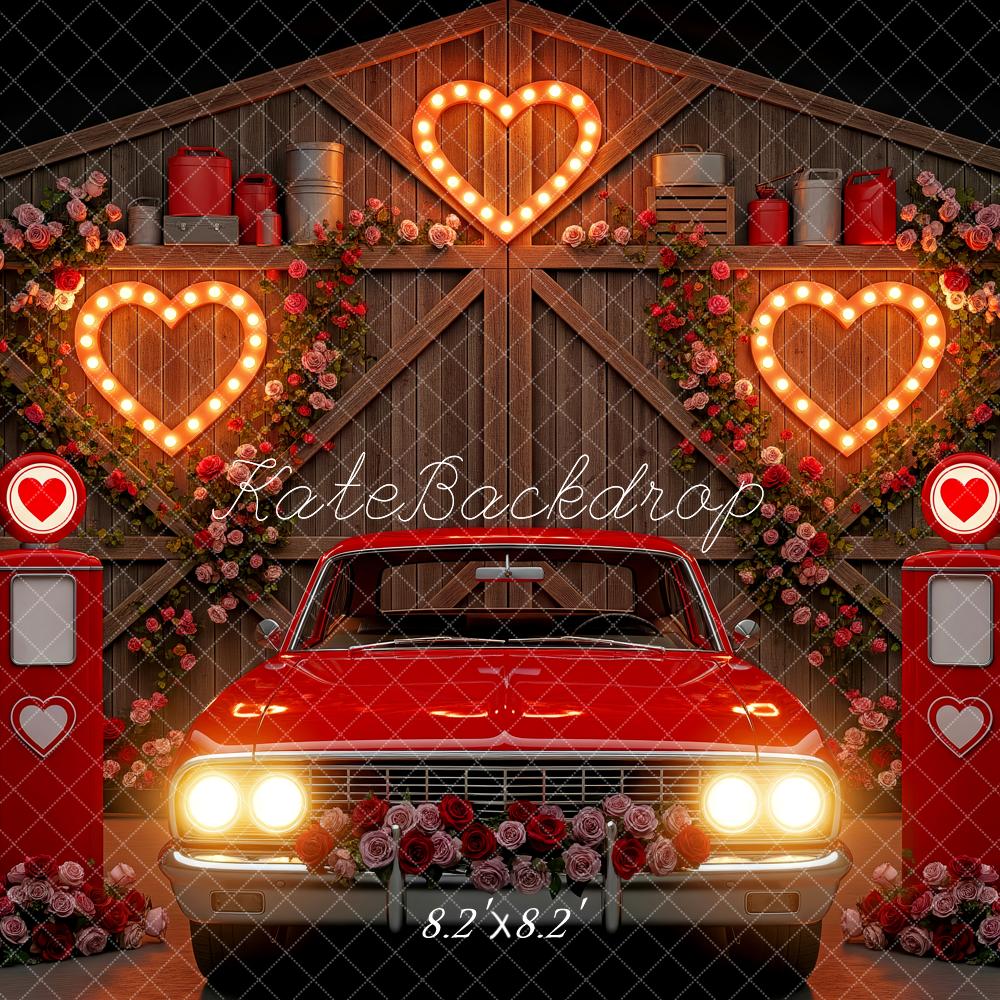 Kate Valentine Red Car Petrol Pumps Lighted Hearts Backdrop Designed by Patty Roberts