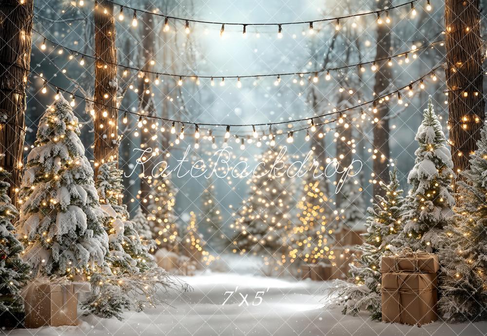 Kate Christmas Snowy Trees String Lights Forest Backdrop Designed by Emetselch