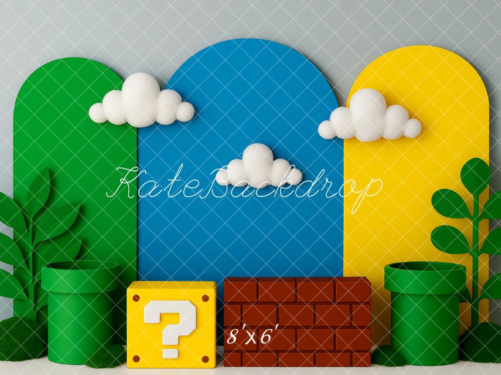 Kate Cartoon Game Pipes Clouds Blocks Backdrop Designed by Patty Roberts