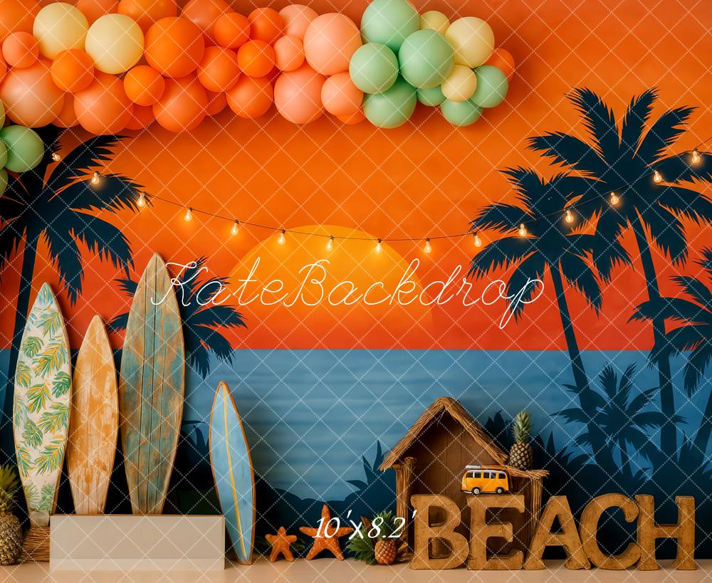 Kate Beach Surfboards Palm Trees Orange Sunset Backdrop Designed by Patty Roberts