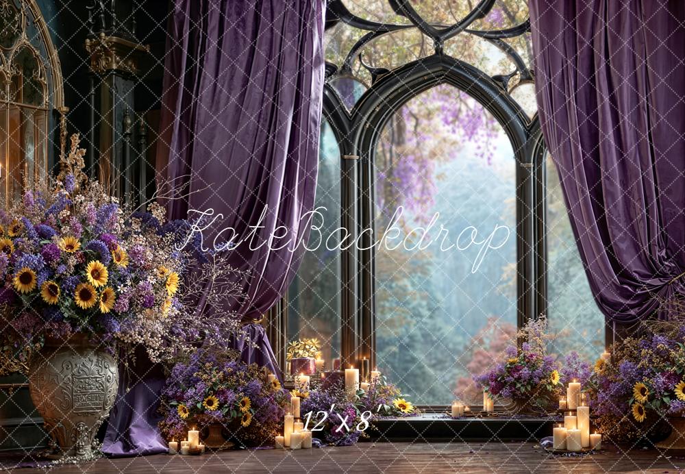 Kate Gothic Window Purple Flowers Candles Backdrop Designed by Emetselch