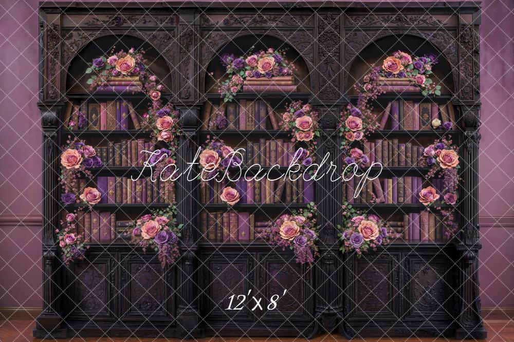 Kate Bookshelf Purple Flowers Vintage Fleece Backdrop Designed by Emetselch