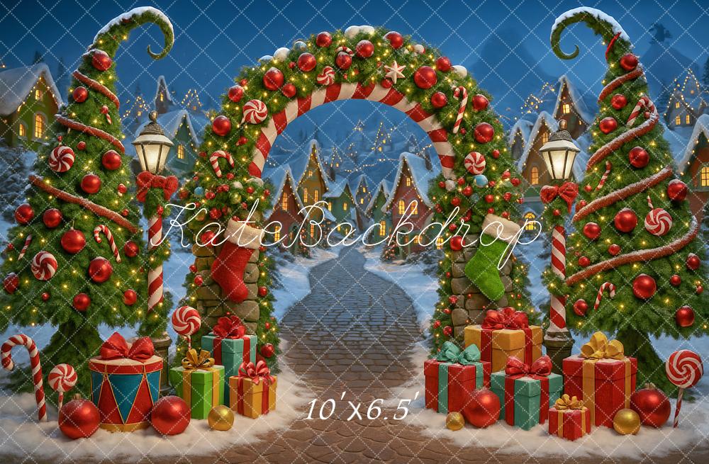 Kate Christmas Arch Candy Trees Presents Backdrop Designed by Ashley Paul