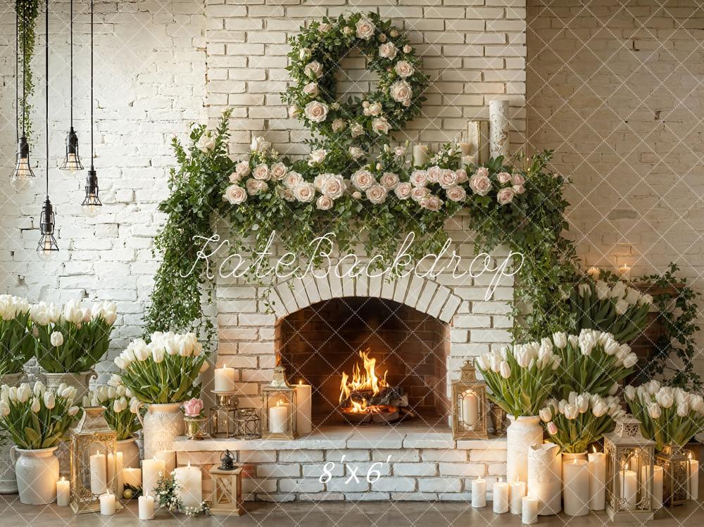 Kate Spring Brick Fireplace Floral Candles Backdrop Designed by Emetselch