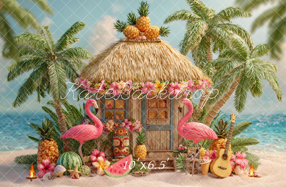 Kate Summer Tropical Hut Flamingos Fruit Backdrop Designed by Ashley Paul