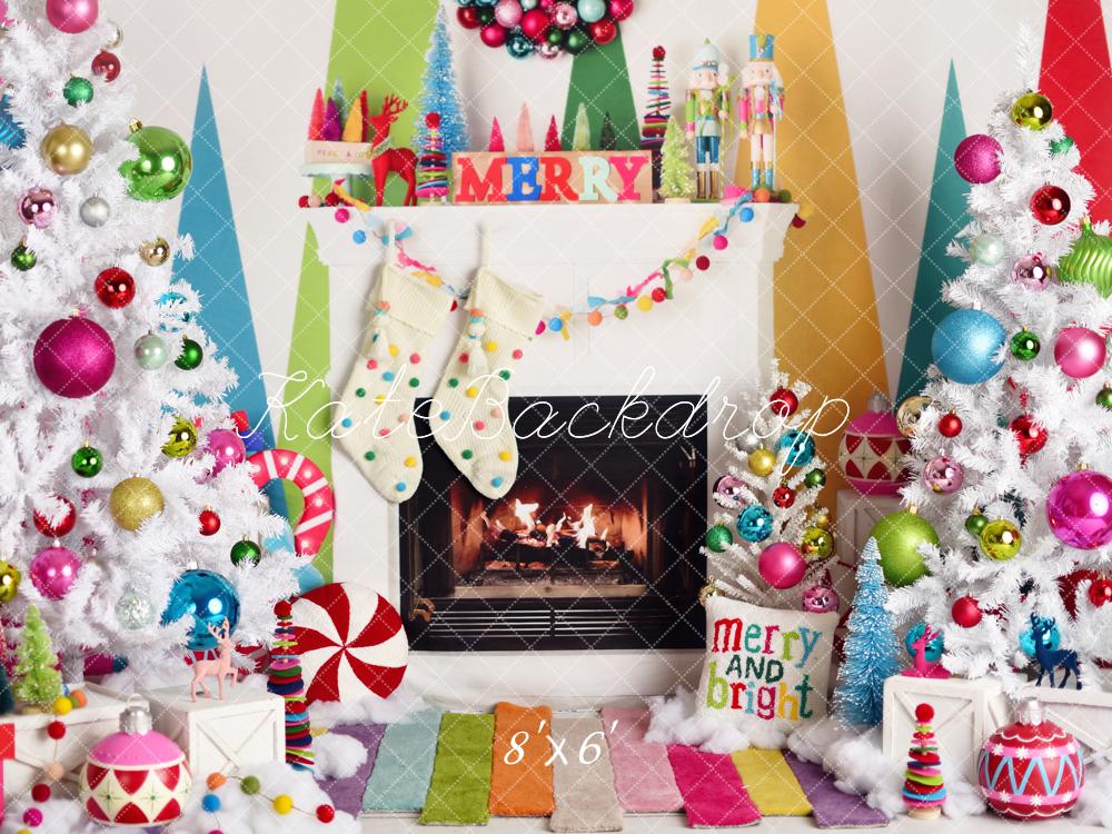 Kate Christmas Fireplace Trees Colourful Backdrop Designed by Mandy Ringe