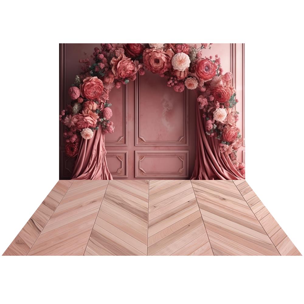 Pink Floral Arch Wall Backdrop+Pink Herringbone Floor Designed by Mandy Ringe Photography