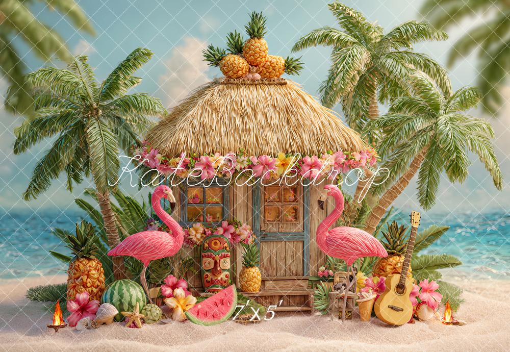 Kate Summer Tropical Hut Flamingos Fruit Backdrop Designed by Ashley Paul