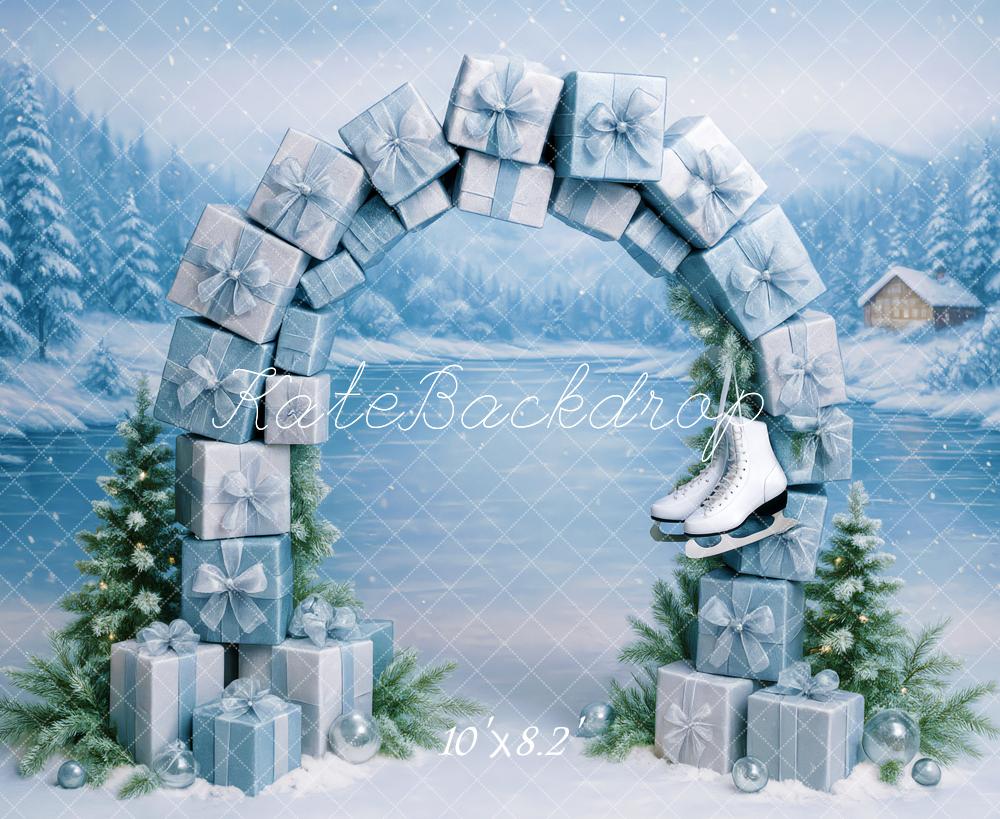 Kate Christmas Gift Arch Ice Skates Snowy Backdrop Designed by Patty Roberts - Kate Backdrop AU
