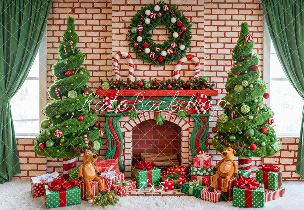 Kate Christmas Fireplace Candy Cane Trees Backdrop Designed by Emetselch