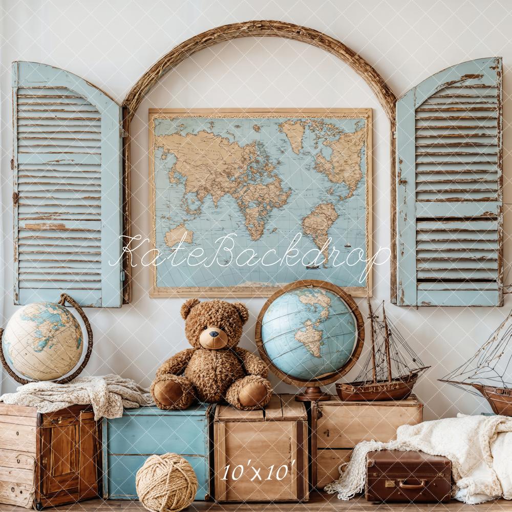 Kate Vintage Map Globe Teddy Bear Nautical Backdrop Designed by Emetselch - Kate Backdrop AU