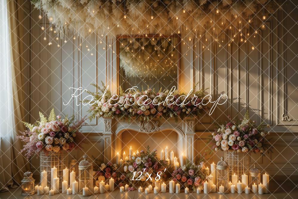 Kate Wedding Fireplace Floral Candles Backdrop Designed by Mini MakeBelieve