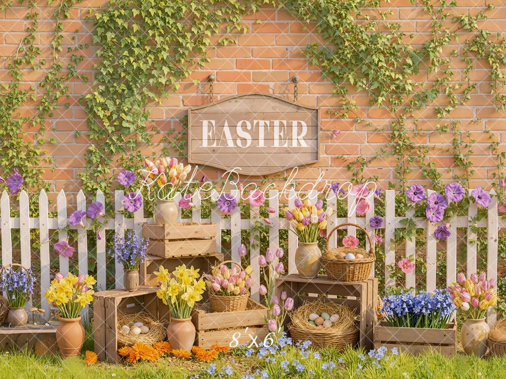 Kate Easter Flowers Eggs Brick Wall Backdrop Designed by Emetselch